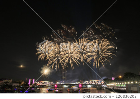People enjoyed Fireworks show on Memorial bridge cross the Chao Phraya river 120836202