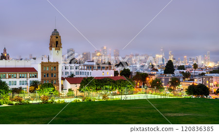 San Francisco Cityscape and Mission High School at Sunset, Viewed from Dolores Park, California, United States 120836385