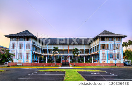 Chamber of Commerce and Industry Building in Cayenne, French Guiana at sunset 120836488