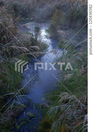 奧日子.山脈秋色燦爛，天空溫暖，蔚藍的天空鋪展到宇宙中。一段幸福的時光。 120836562