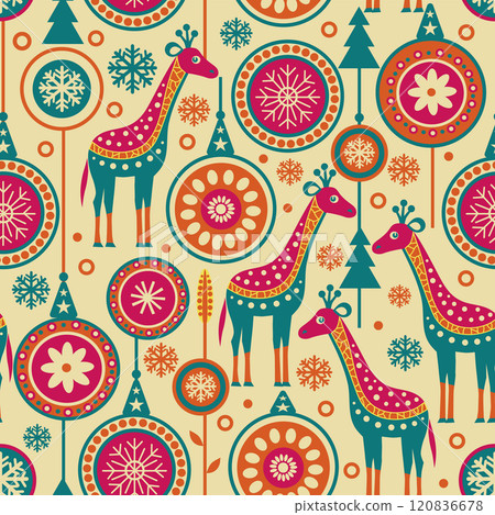 bright giraffes in the winter forest. seamless pattern bright giraffes in the winter forest. seamless pattern 120836678