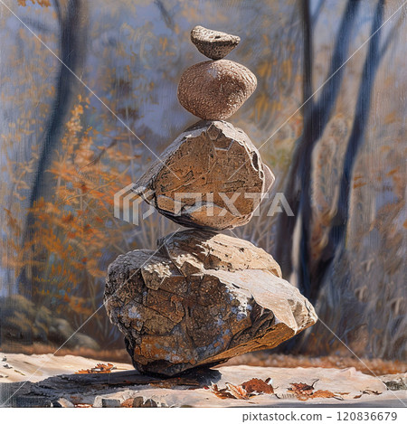 Zen Stone Balance in Autumn Forest for Mindfulness and Relaxation 120836679