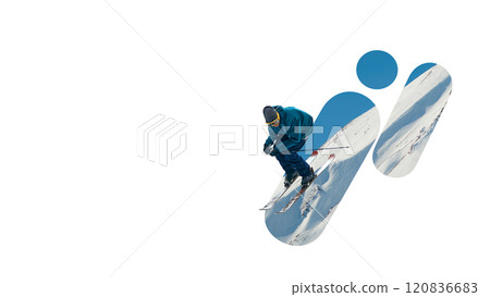 Contemporary art collage. Skier speeding down slopes, embodying spirit of adventure and beauty of alpine landscapes. Pure winter sports action. 120836683