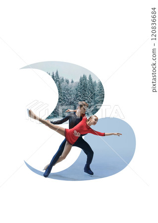 Contemporary art collage. Pair of figure skaters showcasing their talent and poise on ice, with serene snowy forest in background. Elegance meets winter. 120836684