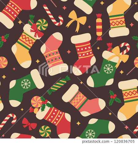 Seamless pattern with colorful Christmas stockings on brown background. Holiday gift socks with candies, lollipops and candy canes. Vector flat illustration for wallpaper, textile, packaging 120836705