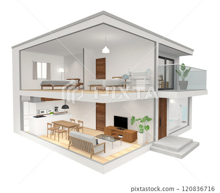 從一個角度看的兩層樓房屋的橫截面 CG 透視圖 120836716