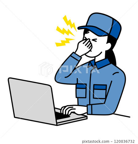 一名穿著工作服的女士在筆記型電腦上工作時眼睛疲勞 120836732