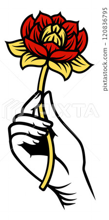 Hand Holding Flower Vintage Woodcut Tattoo Style 120836795