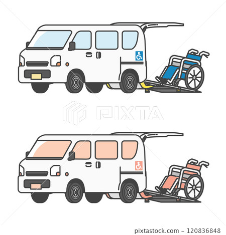 輕型汽車護理計程車/輕型貨車配有電梯、可攜帶輪椅的插圖（全彩和單色套裝） 120836848