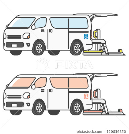 帶輪椅升降機的護理計程車/貨車插圖（全彩和單色套裝） 120836850
