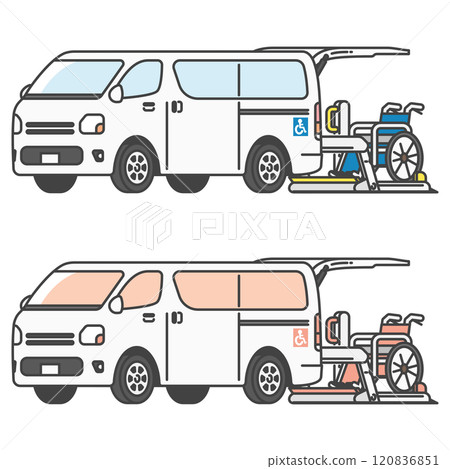 Illustration of a care taxi van with a lift for carrying wheelchairs (set of full color and single color) 120836851