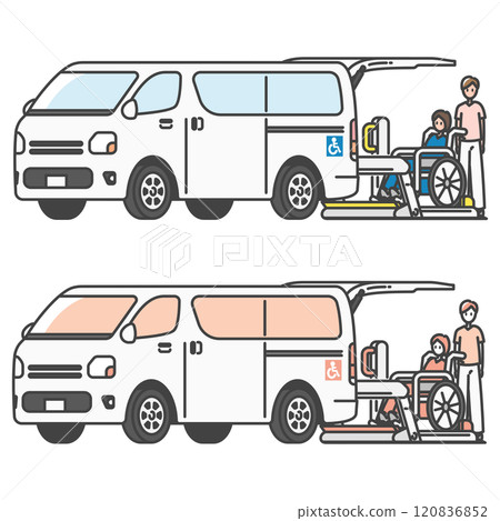 護士/護理人員和輪椅使用者使用的護理計程車/貨車插圖（全彩/單色套裝） 120836852