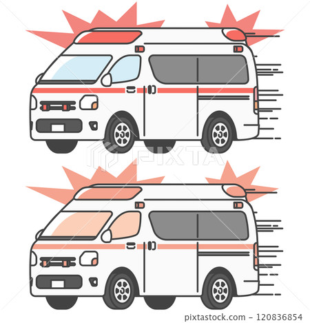 日本救護車在緊急情況下拉警報並駕駛的插圖（全彩和單色集） 120836854