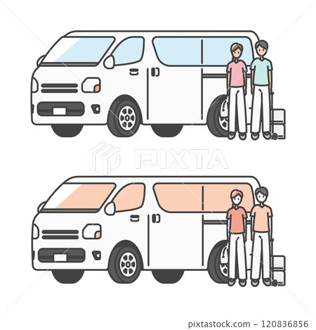 A van for home medical care and house calls, with a doctor, nurse, and caregiver (full color and monochrome set) 120836856