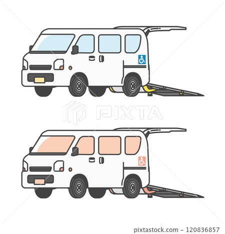 帶輪椅升降機的護理計程車/貨車插圖(全彩和單色套裝) 帶輪椅升降機的護理計程車/貨車插圖(全彩和單色套裝) 120836857