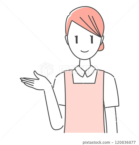 Monochrome, red, warm colors, wearing an apron, smiling dental assistant/dental hygienist female staff guiding 120836877