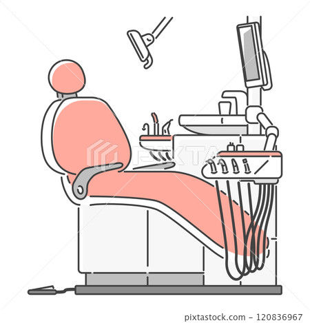 Warm, pink, modern design dentist examination table and chair, dental treatment unit, full set of equipment Warm, pink, modern design dentist examination table and chair, dental treatment unit, full set of equipment 120836967