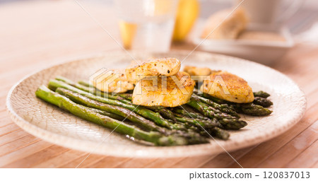 Fried chicken breast pieces with asparagus on white plate Fried chicken breast pieces with asparagus on white plate 120837013