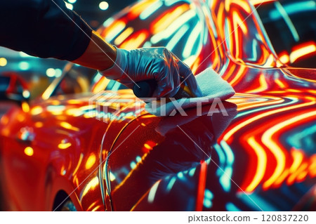 A person is polishing a red car with a cloth 120837220