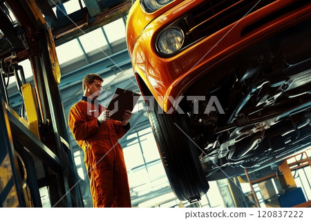 A man in an orange jumpsuit is writing on a clipboard while looking at a car 120837222