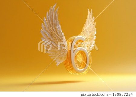 A winged number six is floating in the air 120837254