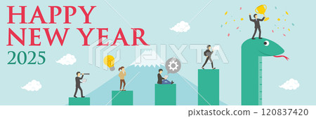 New Year's card of the year 2025 with a snake and a graph of a working person_happy new year_horizontal New Year's card of the year 2025 with a snake and a graph of a working person_happy new year_horizontal 120837420