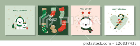 Merry Christmas and Happy New Year Set of greeting card, poster, holiday cover. Cute Xmas design,season greetings,Vector illustrations. 120837435