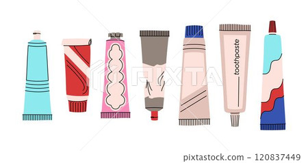 Toothpaste set. Set of oral hygiene products. Different tubes of toothpaste. Teeth cleaning products. Colorful vector collection 120837449