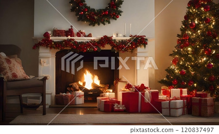 Cozy Christmas Eve with Gifts by the Fireplace Glow Cozy Christmas Eve with Gifts by the Fireplace Glow 120837497