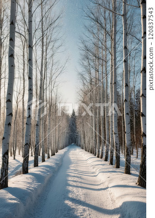Covered birch forest in winter, sunrise lights. AI Generated 120837543
