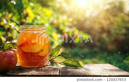 Apple jam in glass jar, fruit orchard background with copy space 120837653