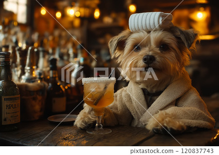 Dog wearing a towel wrap and holding cocktail 120837743