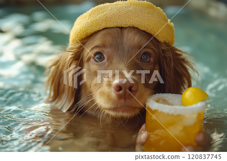 Dog wearing a towel wrap and holding cocktail 120837745