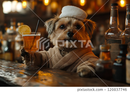Dog wearing a towel wrap and holding cocktail Dog wearing a towel wrap and holding cocktail 120837746