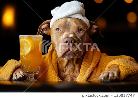 Dog wearing a towel wrap and holding cocktail 120837747