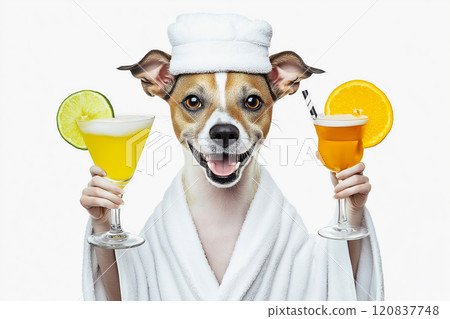 Dog wearing a towel wrap and holding two tropical cocktails 120837748