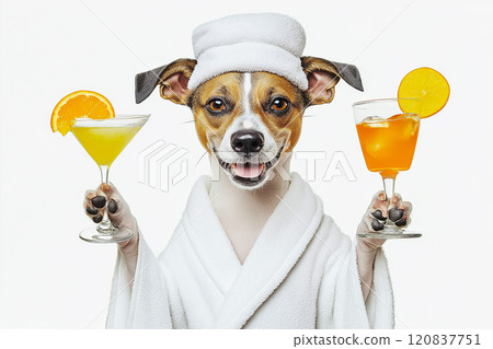 Dog wearing a towel wrap and holding two tropical cocktails 120837751