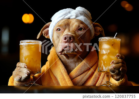 Dog wearing a towel wrap and holding two tropical cocktails 120837755