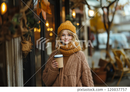 Cheerful young woman holding a coffee cup outdoors 120837757