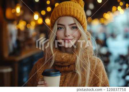 Cheerful young woman holding a coffee cup outdoors 120837758
