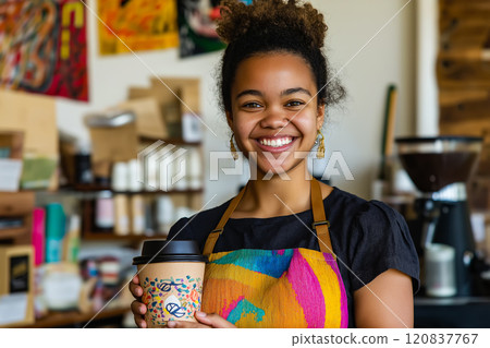 Barista in a coffee shop holding a to-go coffee cup. 120837767