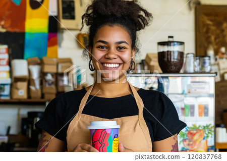 Barista in a coffee shop holding a to-go coffee cup. 120837768