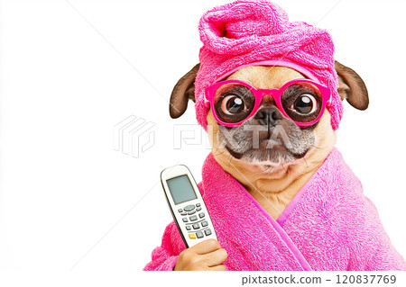 Dog lounging in a pink bathrobe, holding a remote control. Dog lounging in a pink bathrobe, holding a remote control. 120837769