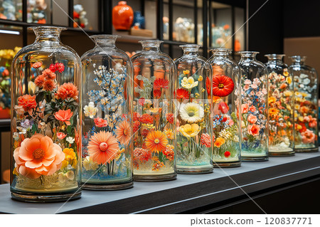 Collection of glass bottles, each containing beautifully preserved and vibrant flowers Collection of glass bottles, each containing beautifully preserved and vibrant flowers 120837771