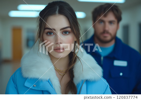 Portrait of a confident woman in a blue winter coat with a fur collar and braided hair 120837774