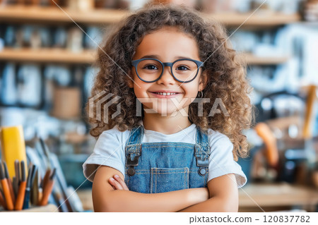 The image shows a young child with curly hair and glasses The image shows a young child with curly hair and glasses 120837782