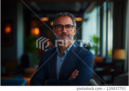 Well-dressed man set against a softly lit indoor background with bokeh lights 120837791