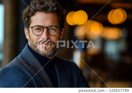 Well-dressed man set against a softly lit indoor background with bokeh lights 120837799