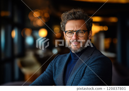 Well-dressed man set against a softly lit indoor background with bokeh lights Well-dressed man set against a softly lit indoor background with bokeh lights 120837801