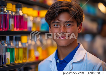 Portrait of a confident kid at library. Portrait of a confident kid at library. 120837810